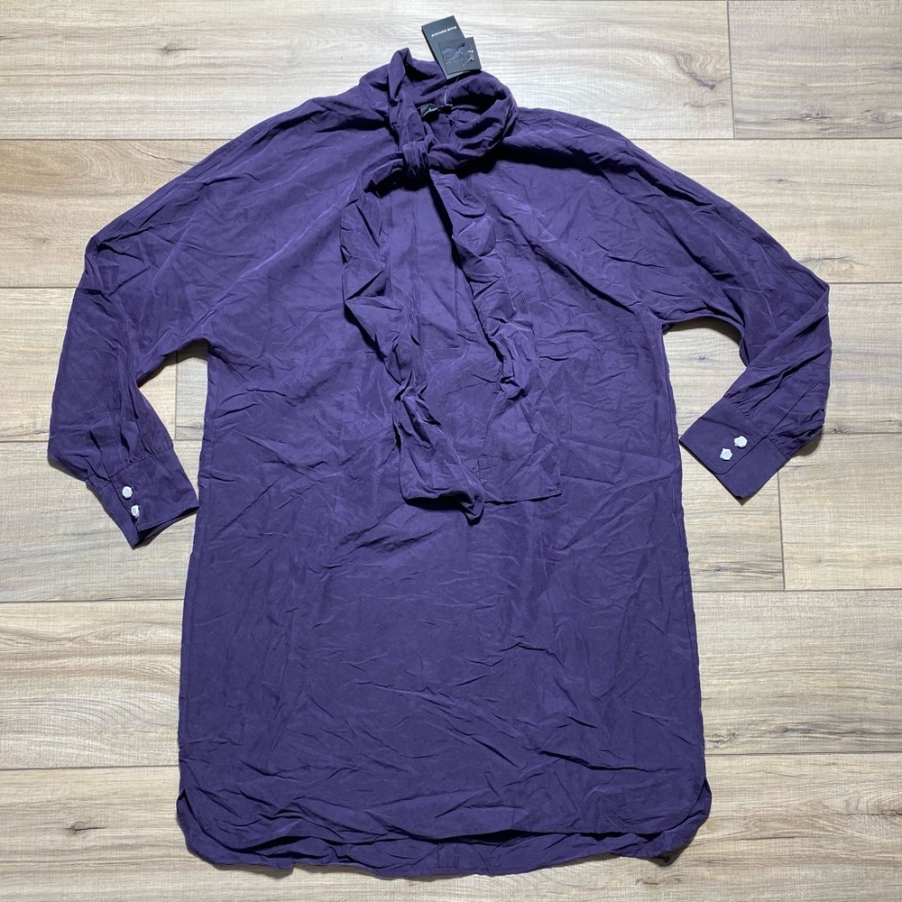 Club Monaco Women's Tie Neck Long Sleeve Dress Size 6 Purple Curved Hem‎